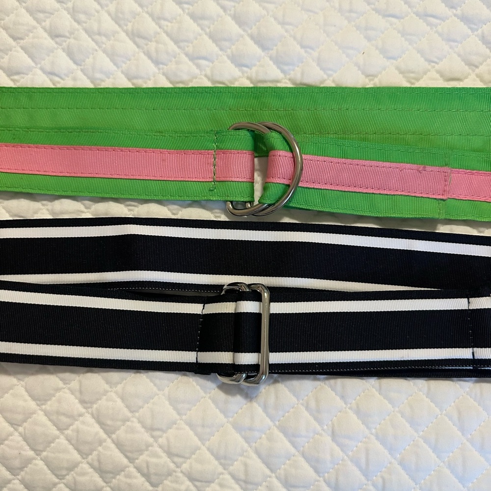 Two belts Lands' End navy and preppy pink green ribbon size M D ring adjustable